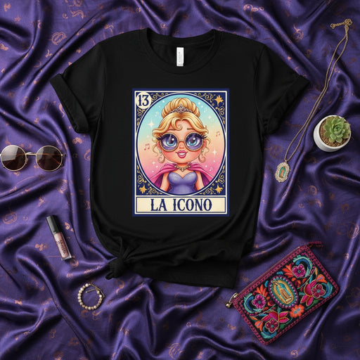 LA ICONO La Loteria Card T-Shirt, Cute Blonde Girl in Tiara and Sunglasses Graphic Tee, Mexican Bingo Game Inspired Unisex Shirt, Funny Latina Queen Fashion Gift Mexicada