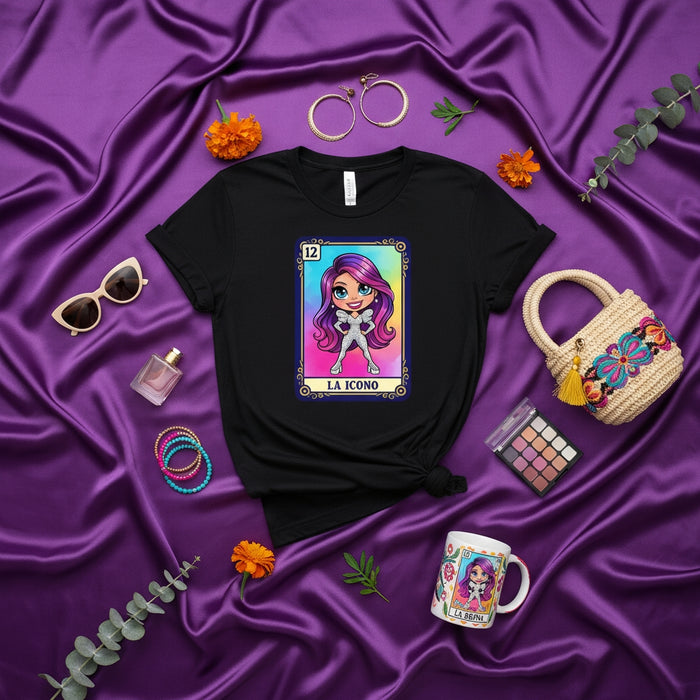 LA ICONO Latina Lotería Card T-Shirt Cute Cartoon Character Design Black Unisex Tee Aesthetic Bingo Game Graphic Print Shirt Gift Idea Mexicada