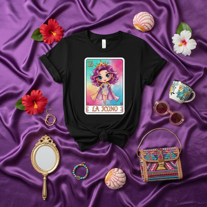 LA ICONO Loteria Card T-Shirt: Cute Cartoon Girl Queen with Purple Hair, Number 13, Colorful Sublimation Graphic Tee, Unisex Funny Hispanic Culture Gift Top Mexicada