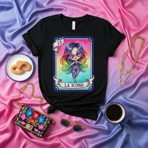 LA ICONO Loteria Card T-Shirt, Cute Rainbow Hair Icon Graphic Tee, Hispanic Heritage Inspired Unisex Gift for Women, Fun Mexican Bingo Style Game Shirt, Number 13 Design, Black Casual Wear Top Mexicada