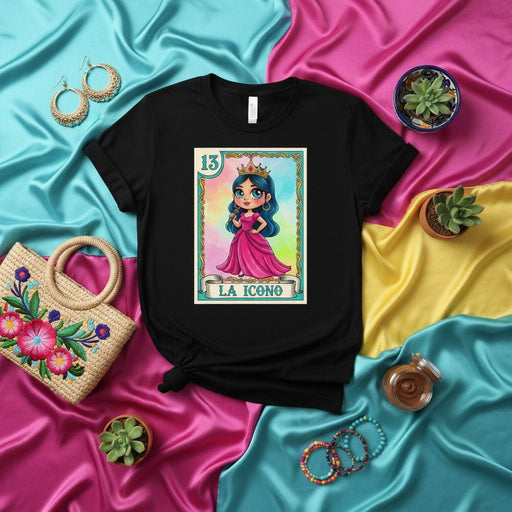 LA ICONO Lotería Card T-Shirt, Queen Princess Character Graphic Tee, Hispanic Culture Mexican Bingo Game Themed Apparel, Cute Cartoon Design Unisex Shirt Mexicada
