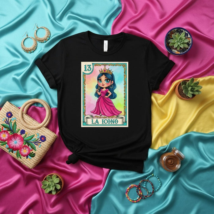 LA ICONO Lotería Card T-Shirt, Queen Princess Character Graphic Tee, Hispanic Culture Mexican Bingo Game Themed Apparel, Cute Cartoon Design Unisex Shirt Mexicada