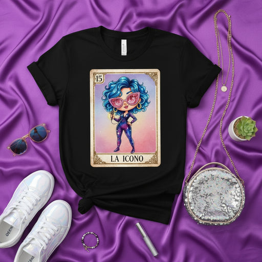 LA ICONO Pop Icon Loteria Card T-Shirt, Starry Jumpsuit Blue Hair Character Tee, Fun Mexican Bingo Style Unisex Graphic Shirt, Statement Fashion Gift for Music Lovers, Glittery Accessories Outfit Idea Mexicada