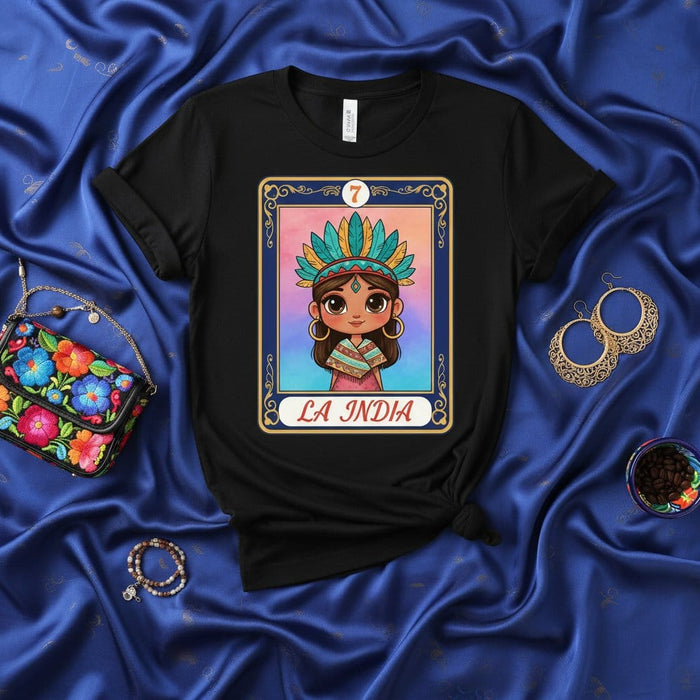 LA INDIA Cute Cartoon La Lotería Card 7 T-Shirt Mexican Bingo Game Women's Graphic Tee Tribal Headdress Indigenous Girl Culture Gift Mexicada