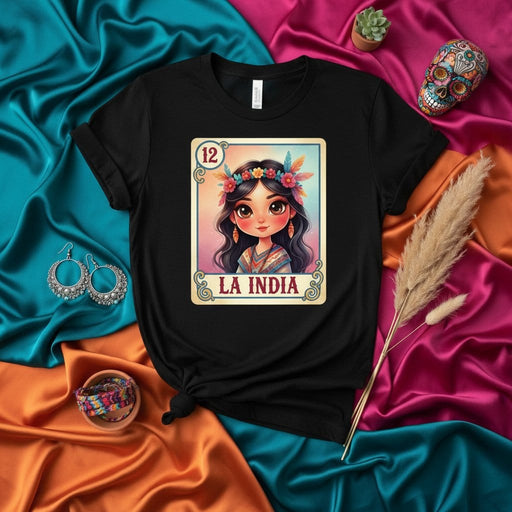 La India Loteria Card Shirt Mexican Bingo Game Art T-Shirt Women's Trendy Folkloric Graphic Tee Gift Idea for Latinx Heritage or Dia de Muertos Mexicada