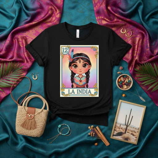 LA INDIA Loteria Card T-Shirt, Cute Boho Indigenous Girl Graphic Tee, Mexican Bingo Game Day Outfit, Traditional Folk Art Style Unisex Shirt Mexicada