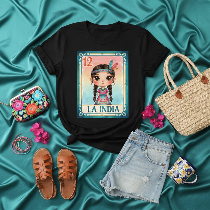 LA INDIA Loteria Card T-Shirt, Cute Chibi Native American Girl Graphic Tee, Mexican Bingo Game Number 12 Design, Traditional Folk Art Style Unisex Shirt, Latina Heritage Apparel Gift for Women Mexicada