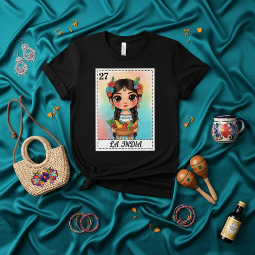 LA INDIA Loteria Card T-Shirt, Mexican Bingo Game La India Shirt, Cute Girl with Fruit Basket Tee, Traditional Mexican Culture Gift, Number 27 Black Unisex Shirt Mexicada