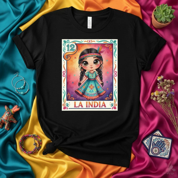LA INDIA Women's Loteria Card T-Shirt Cute Cartoon Mexican Bingo Game Tee Number 12 Colorful Print Unisex Top Gift Mexicada