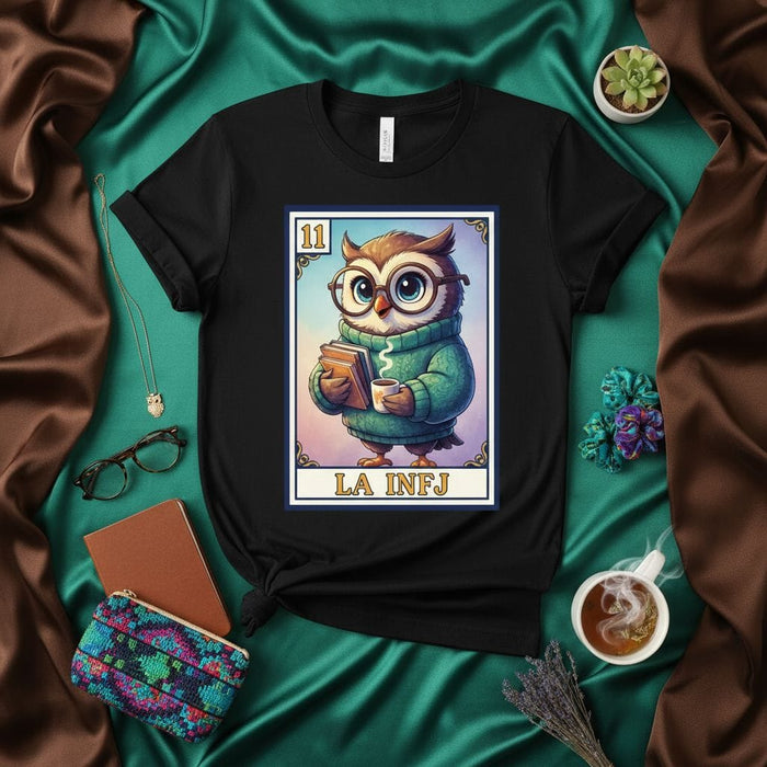 LA INFJ Cute Owl Reading Book Coffee Loitera Card Graphic Tee T-Shirt | Unique Introvert Myers-Briggs Personality Type Gift Shirt | Number 11 Unisex Apparel Mexicada
