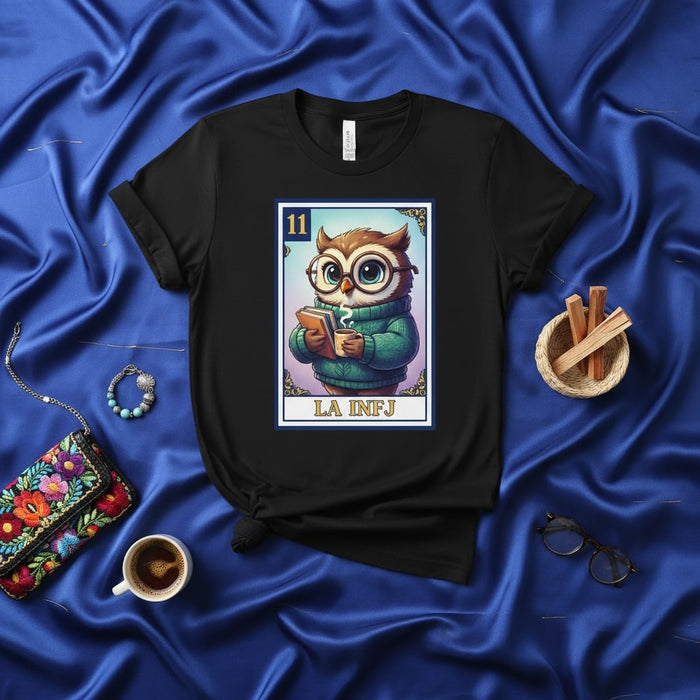 LA INFJ Cute Owl Wearing Glasses with Coffee Book Lotería Card T-Shirt Unique MBTI Personality Type Graphic Tee Unisex Gift Idea Mexicada