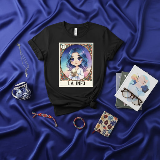 LA INFJ La Lotería Card T-Shirt, Mystical Personality Type Tee, Tarot Style Graphic Shirt, Introverted Intuitive Feeler Judger Gift, Aesthetic Chibi Anime Style Art Print Top Mexicada