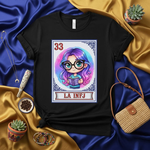 LA INFJ Lotería Card T-Shirt: Intuitive Advocate Personality Type Graphic Tee, Mystical Purple Hair Girl with Glasses Reading Book, Number 33, Unisex Gift for Myers-Briggs Enthusiasts Mexicada