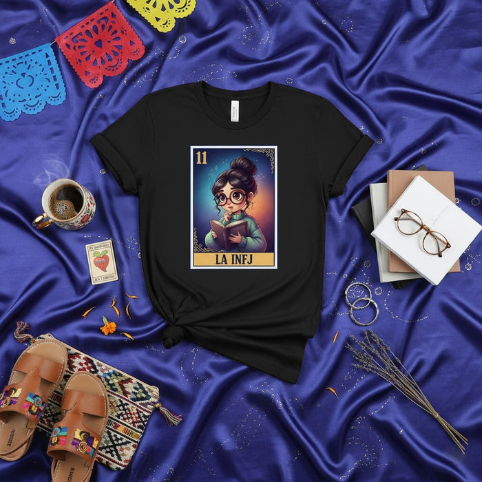 LA INFJ Lotería Card T-Shirt: Intuitive Introvert Book Lover Tee, Myer-Briggs Personality Type Gift, Unisex Graphic Shirt, Aesthetic Mexican Folk Art Inspired Design Mexicada