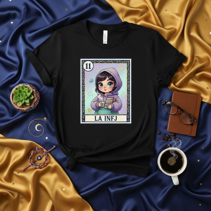 LA INFJ Tarot Card Inspired T-Shirt, Cute Cartoon INFJ Personality Type Graphic Tee, Mystical Zodiac Sign Style Design, Unisex Gift for Introverts and Book Lovers Mexicada