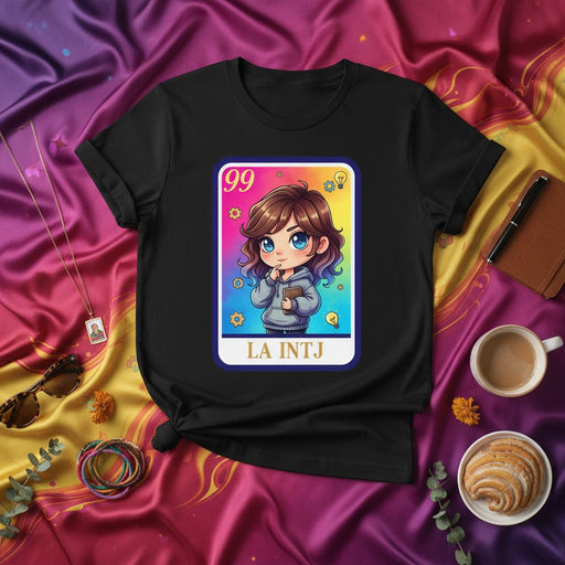 LA INTJ Kawaii Anime Chibi Girl Loteria Card T-Shirt, Deep Blue Eyes Brown Hair, Cute Graphic Tee for Myers-Briggs Personality Type, Unisex Black Shirt Mexicada