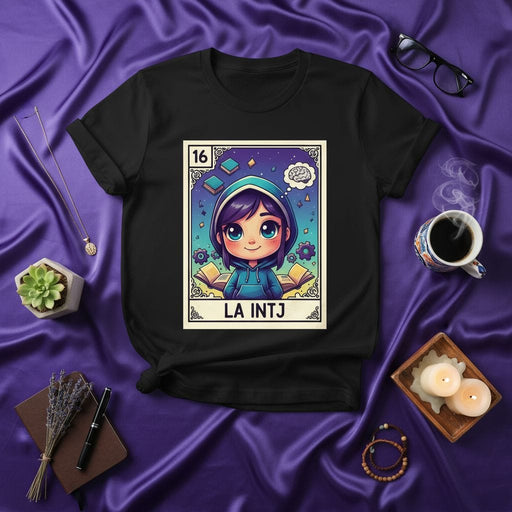 LA INTJ Lotería Card T-Shirt: Anime Girl INTJ Personality Type Tee, Funny Tarot Card Style Graphic Shirt, Unique Introvert Gift for Logician, Black Unisex Top with Number 16 Design Mexicada