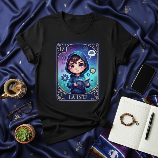 LA INTJ Lotería Card T-Shirt, Cute Anime Boy in Hoodie Reading Book, Deep Thinker MBTI Personality Gift Tee, Unisex Graphic Shirt Mexicada
