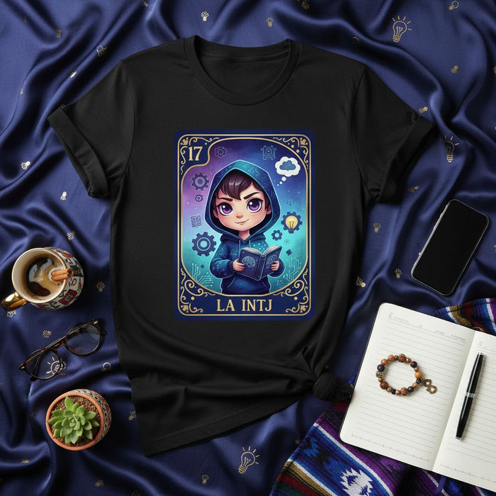 LA INTJ Lotería Card T-Shirt, Cute Anime Boy in Hoodie Reading Book, Deep Thinker MBTI Personality Gift Tee, Unisex Graphic Shirt Mexicada