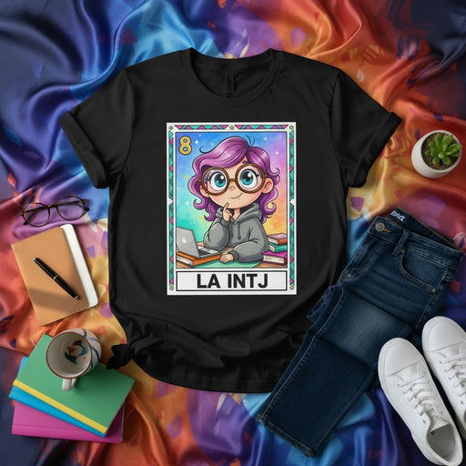 LA INTJ Loteria Card T-Shirt Cute Anime Character Kawaii Girl with Glasses Laptop Books Purple Hair Black Tee Unisex Myers-Briggs Personality Type Graphic Shirt Gift for Introvert Mastermind Analysts Mexicada