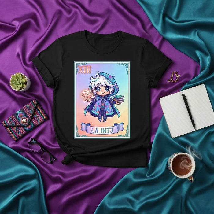 LA INTJ Loteria Card T-Shirt, Cute Anime Chibi Wizard Design, Tarot Style Personality Type Graphic Tee, Unisex Black Shirt, Gift for INTJ and Myers-Briggs Enthusiasts Mexicada