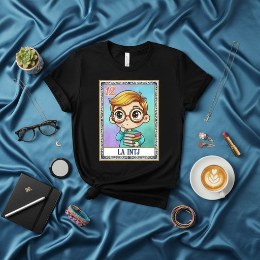 LA INTJ Loteria Card T-Shirt Cute Cartoon Boy with Books Glasses MBTI Personality Analyst Architect Unisex Graphic Tee Gift Idea for Intellectuals and Introverts Mexicada