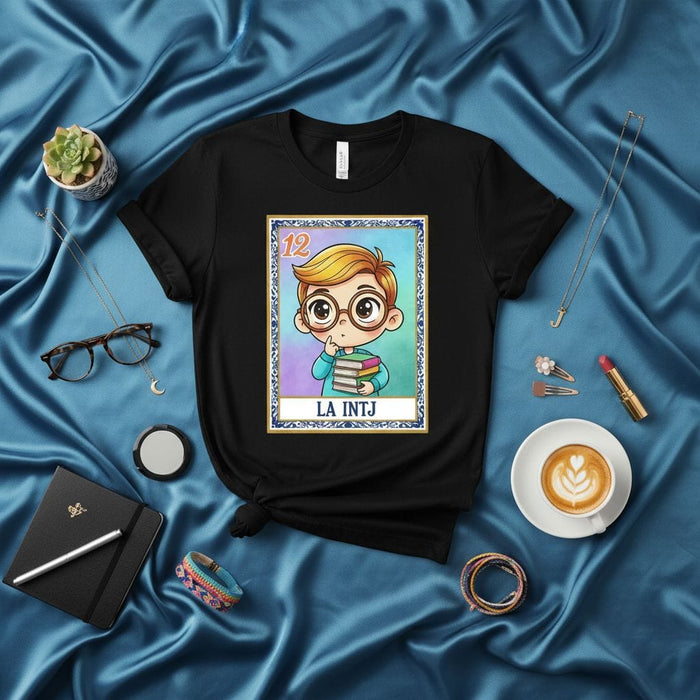 LA INTJ Loteria Card T-Shirt Cute Cartoon Boy with Books Glasses MBTI Personality Analyst Architect Unisex Graphic Tee Gift Idea for Intellectuals and Introverts Mexicada