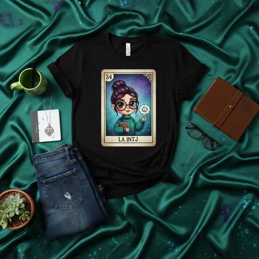 LA INTJ Lotería Card T-Shirt, Cute Cartoon Character, Myers-Briggs Personality Type Tee, Funny Latina Bingo Game Inspired Graphic Top, Great Gift for Women Who Love MBTI, Nerdy Analyst with Book and Glasses Mexicada