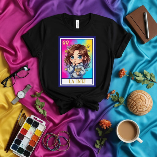 LA INTJ Loteria Card T-Shirt, Cute Chibi INTJ Anime Girl Tee, Latina Gamer Aesthetic, 99 Number Mystic Personality Type Gift Mexicada