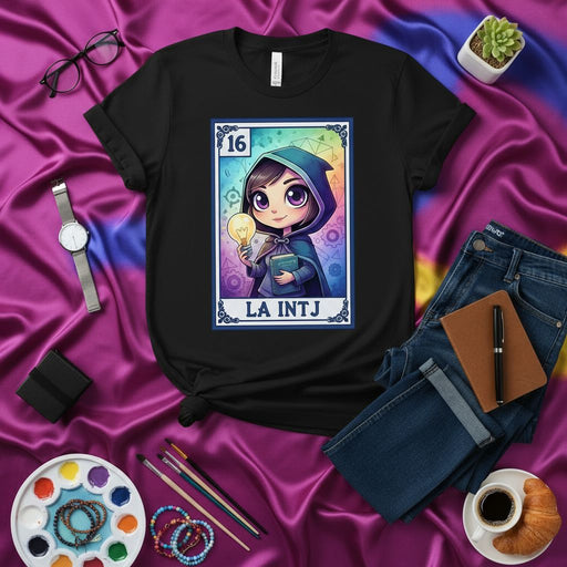 LA INTJ Lotería Card T-Shirt: INTJ Personality Type Cartoon Girl Design, Unisex Black Tee, Graphic MBTI Gift Shirt for Analysts, Mastermind, and Logic Lovers Mexicada