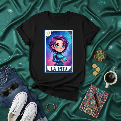 LA INTJ Lotería Card T-Shirt: INTJ Personality Type Tarot Inspired Design, Cute Purple-Haired Character Graphic Tee, Unisex Funny Gift for Strategic Thinkers and Masterminds Mexicada