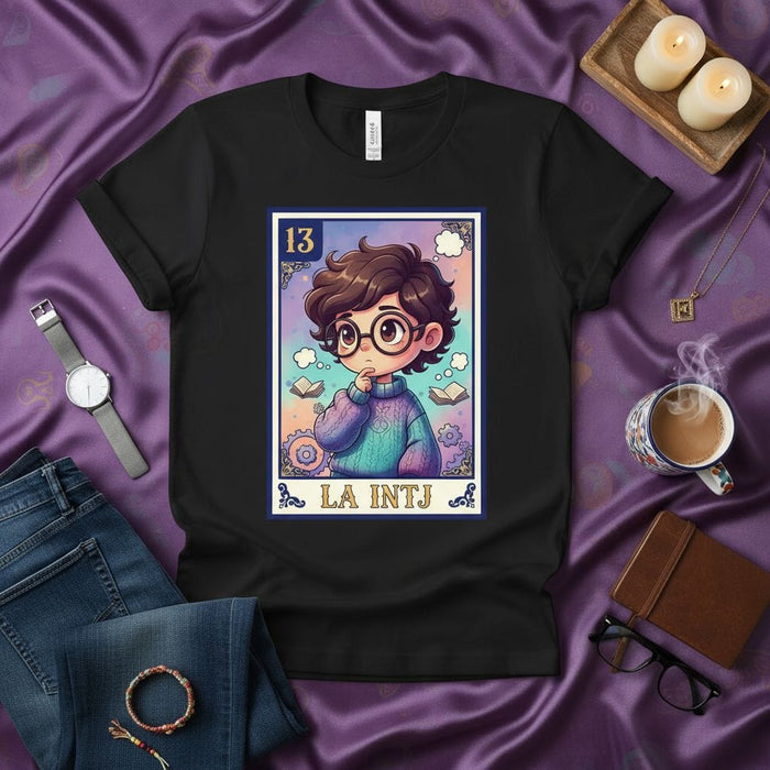 LA INTJ Lotería Card T-Shirt, Myer-Briggs Personality Type Tee, Cute Cartoon Design, Unisex Casual Apparel Gift for Introvert, Analyst, Architect, Number 13, Thinking Bubble, Bookworm, Deep Thinker Mexicada