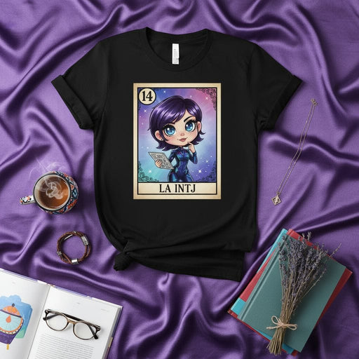 LA INTJ Lotería Card T-Shirt: The Mastermind Chibi Female Character Tee, Funny Myers-Briggs Personality Type Merch, Cute Cartoon Graphic Print Unisex Shirt for INTJ Women and MBTI Enthusiasts Mexicada