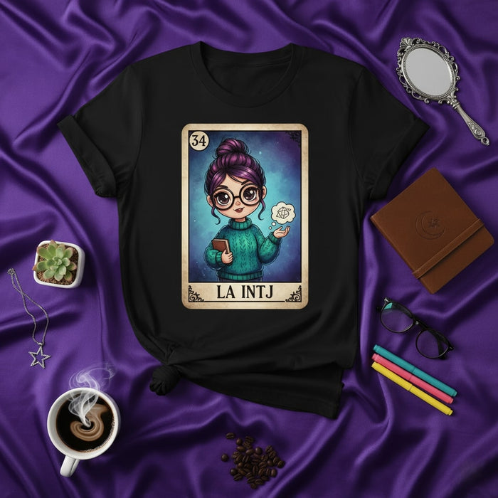 LA INTJ The Architect Loteria Card Design T-Shirt | Unique MBTI Personality Type Graphic Tee | Nerdy Intellectual Gift Shirt for Women and Men Mexicada
