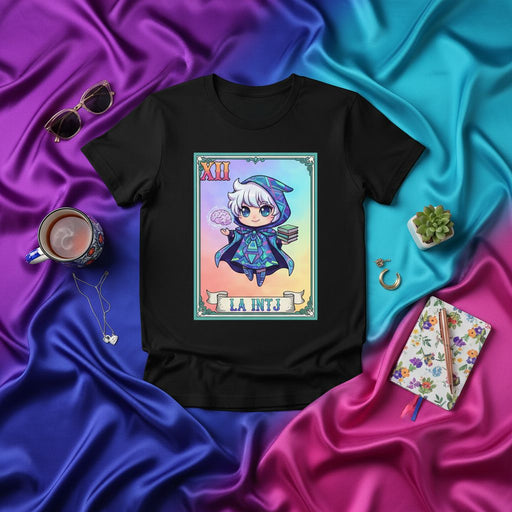 LA INTJ The Mastermind Tarot Card Style Unisex T-Shirt, Chibi Wizard Graphic Tee, Loteria Inspired Design, Cute INTJ Personality Merch, Colorful Aesthetic Apparel for Introverted Intuitive Thinkers Mexicada