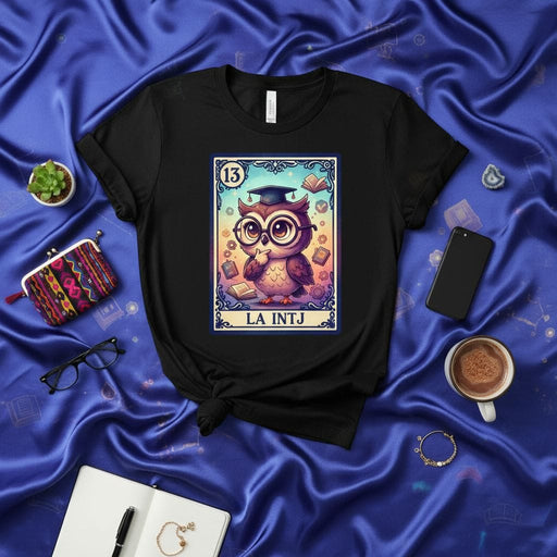 LA INTJ The Owl Loteria Card T-Shirt - Unisex Funny INTJ Personality Type Tee with Graduation Cap and Glasses Design, MBTI Gift for Logic and Strategy Enthusiasts Mexicada
