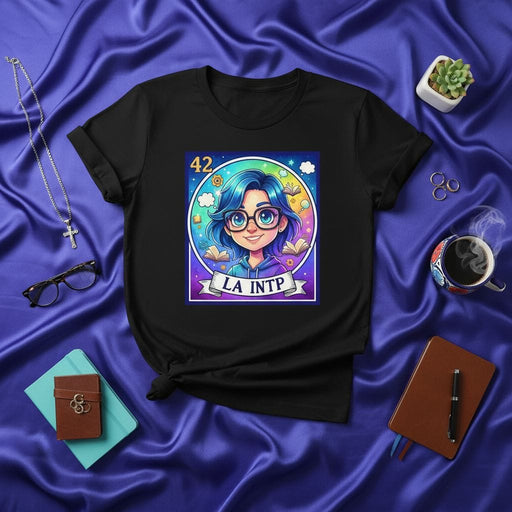 LA INTP Lotería Card T-Shirt, Analyst Character, Rainbow Circle, MBTI Personality Type, Short Sleeve Unisex Tee, Intellectual Introvert Design with Glasses and Books Mexicada