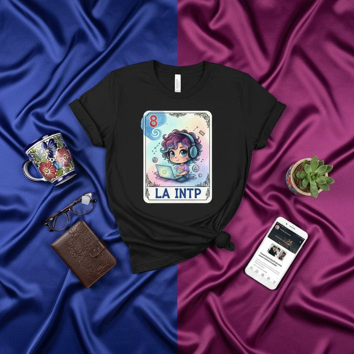 LA INTP Lotería Card T-Shirt, Analyst Personality Type MBTI Graphic Tee, Cute Chibi Character on Laptop with Headphones, Unisex Black Shirt Gift for Introverts and Thinkers Mexicada