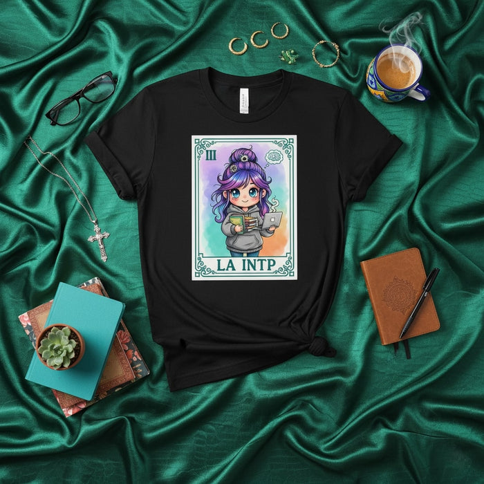 LA INTP Loteria Card T-Shirt: Anime Girl with Laptop and Books, Cute Cartoon Merch, Graphic Tee for Introverted Thinkers, Unique Myers-Briggs Personality Type Gift Mexicada