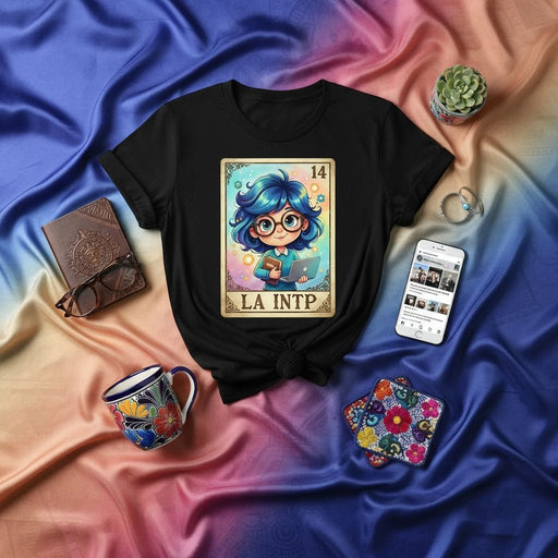 LA INTP Loteria Card T-Shirt, Anime Style Cartoon Girl with Blue Hair and Glasses, Intellectual Myers-Briggs Personality Type Graphic Tee, Unisex Aesthetic Apparel Gift for Analysts and Logicians Mexicada
