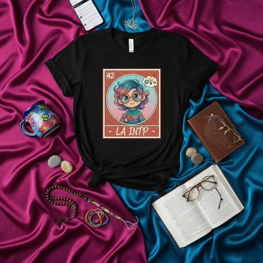 LA INTP Lotería Card T-Shirt, Cute Cartoon Character, Myers-Briggs INTP Personality Type Tee, Funny Tarot Inspired Graphic Shirt, Unique Gift for Introvert, Analyst, Logician, Thinker, Black Unisex Top Mexicada