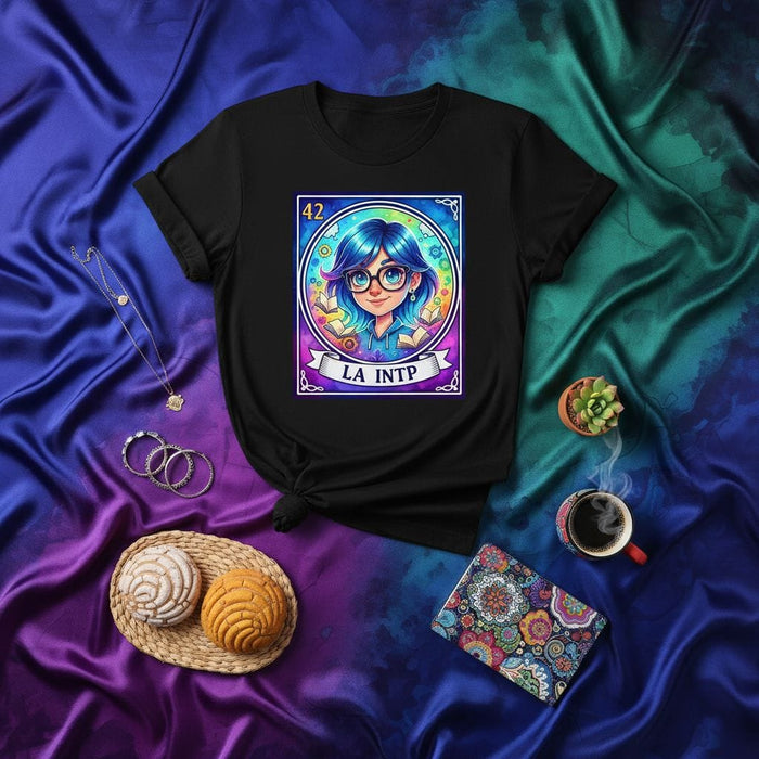 LA INTP Loteria Card T-Shirt, The Logician Personality Type MBTI Shirt, Nerdy Cute Anime Style Blue Hair Girl Graphic Tee, Unisex Gift for Introverts and Thinkers Mexicada