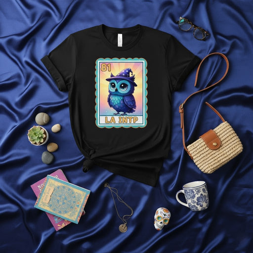 LA INTP Owl Lotería Card T-Shirt - Wizard Hat, Number 81, MBTI Personality Type Shirt, Cute Blue Owl Graphic Tee, Unisex Funny Gift for Thinkers, Logic, and Introverts Mexicada