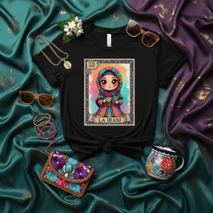 LA IRANI Cute Iranian Girl Loteria Card T-Shirt, Unisex Graphic Tee, Hijab Culture Art, Unique Gift Idea Mexicada