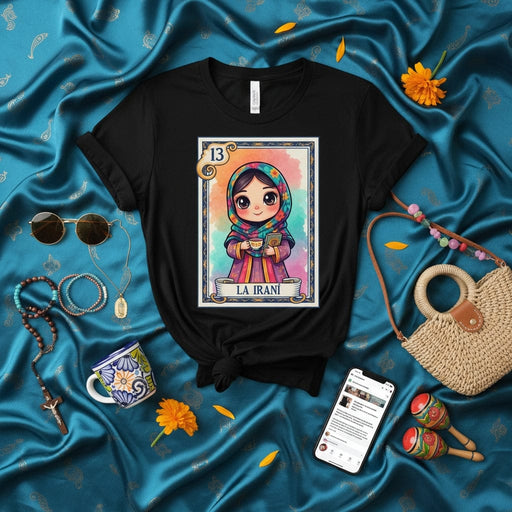LA IRANI Cute Persian Girl Loteria Card T-Shirt, Unisex Graphic Tee, Mexican Lottery Game Inspired Art, Cultural Diversity Apparel, Gift for Her Mexicada