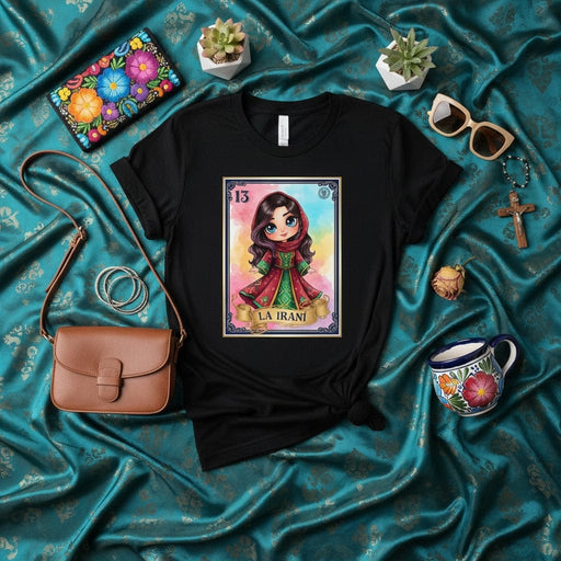 LA IRANÍ La Lotería Card 13 T-Shirt: Kawaii Cute Chibi Girl with Green and Red Dress Graphic Tee, Unisex Mexican Bingo Inspired Folk Art Style Shirt, Latina Culture Gift Idea Mexicada