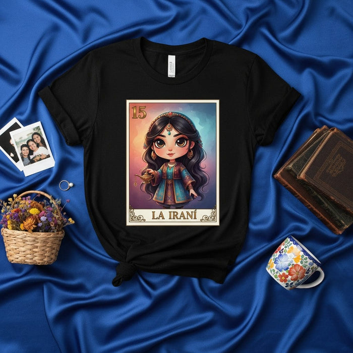 LA IRANÍ La Lotería Card 15 T-Shirt | Cute Chibi Woman Persian Costume Graphic Tee | Unisex Mexican Bingo Game Fan Gift Apparel Mexicada