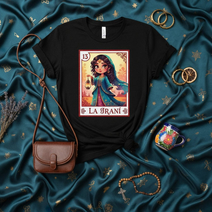 La Iraní Lotería Card 13 T-Shirt, Persian Girl with Lantern Graphic Tee, Cute Vintage Mexican Bingo Game Art Shirt, Traditional Culture Gift Mexicada