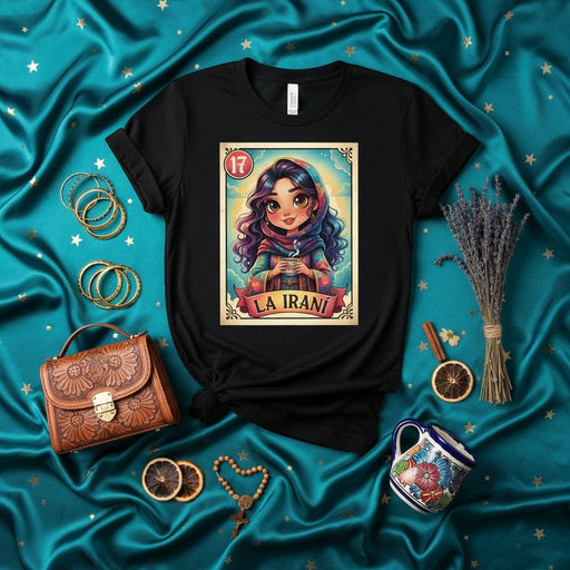 LA IRANÍ Loteria Card T-Shirt, Cute La Iraní The Iranian Woman Card Tee, Mexican Bingo Inspired Design, Middle Eastern Girl Graphic Shirt, Persian Culture Gift for Women Mexicada
