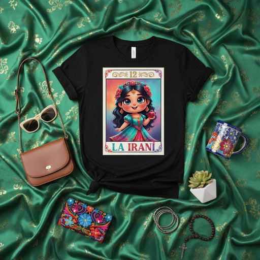 LA IRANÍ Loteria Card T-Shirt, Cute Persian Girl Graphic Tee, Mexican Bingo Inspired Design, Funny Cultural Heritage Unisex Apparel Gift Mexicada